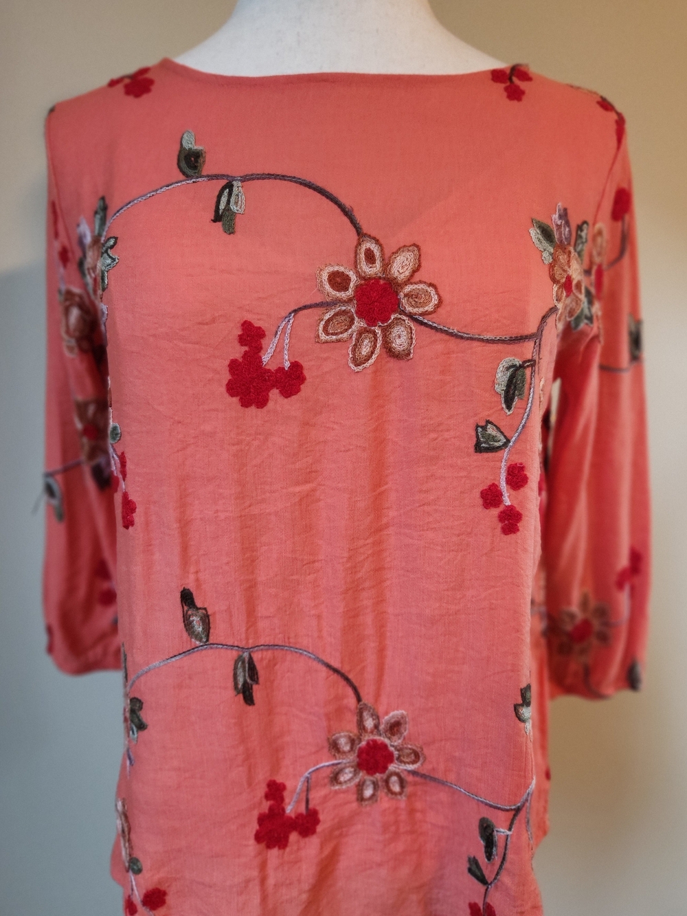 Embroidered Salmon Pink Coral Boho Floral Peasant Cottagecore Blouse Top Large